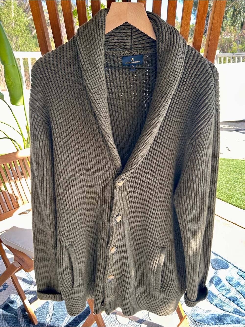 Brooks Brothers Shawl Collar Ribbed Button-Front Sweater - Olive